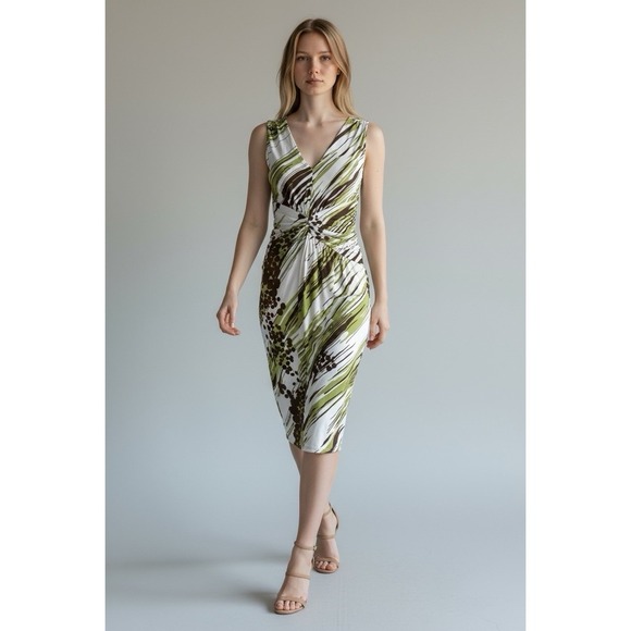 VTG BCBG Paris Dress Sz M Stretchy Y2K Ruched Jersey White Green Brown - Picture 1 of 9